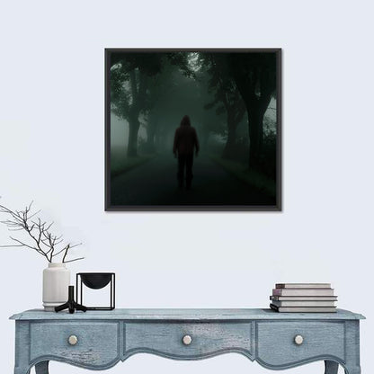 Hooded Silhouette on Foggy Forest Road Wall Art