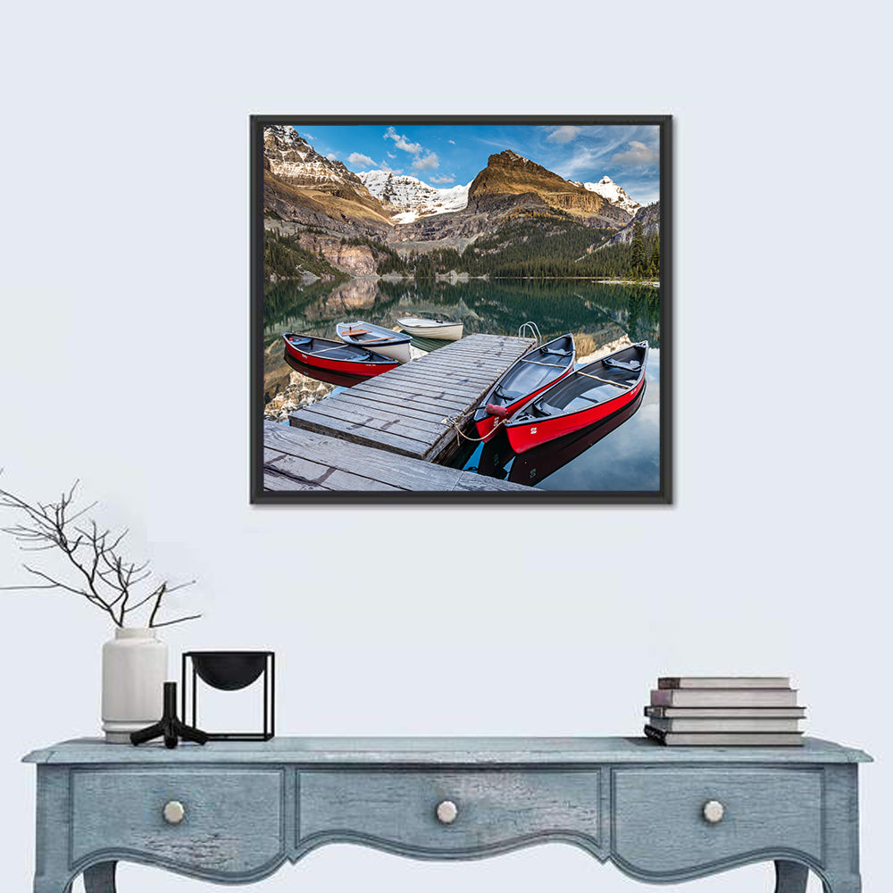 Canadian Rockies Lake with Red Canoes Wall Art