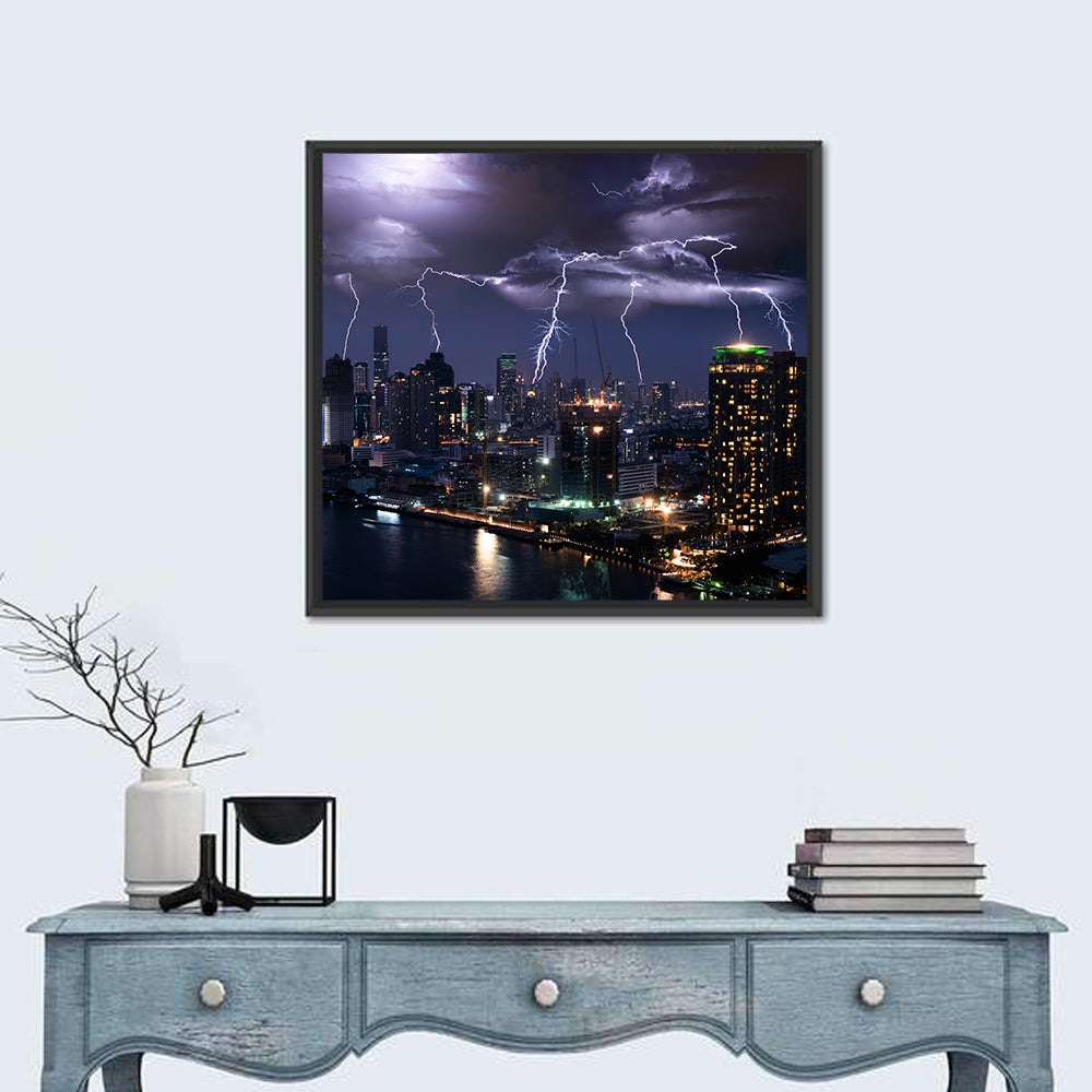 Night Lightning Over River Skyline Wall Art