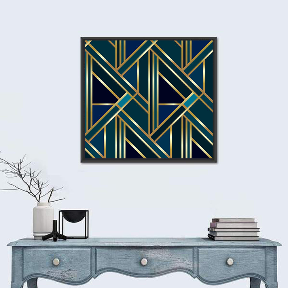 Blue and Gold Geometric Pattern Wall Art in a room, square