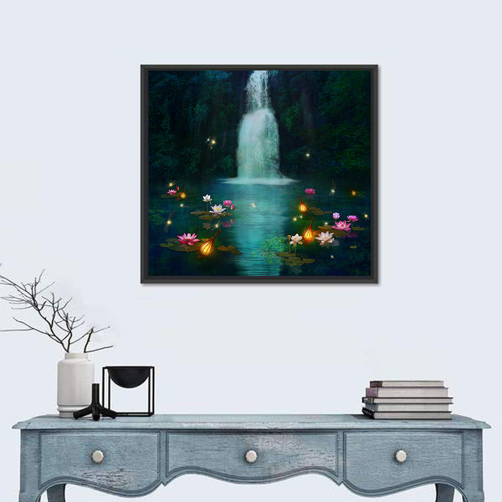 Moonlit Lotus Pond and Waterfall Wall Art