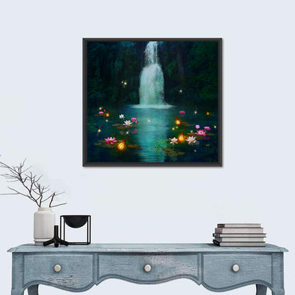 Moonlit Lotus Pond and Waterfall Wall Art
