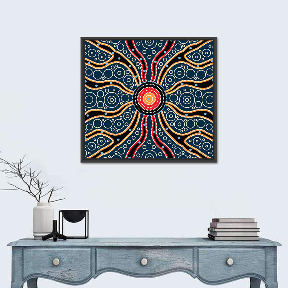 Concentric Dot Sunburst Illustration Wall Art in a room, square