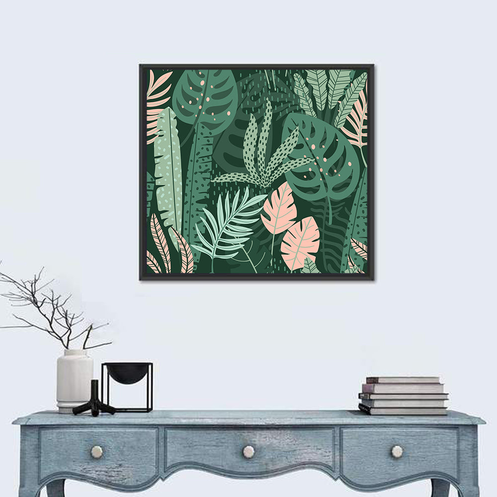 Polka Dot Tropical Leaf Pattern Wall Art in a room, square