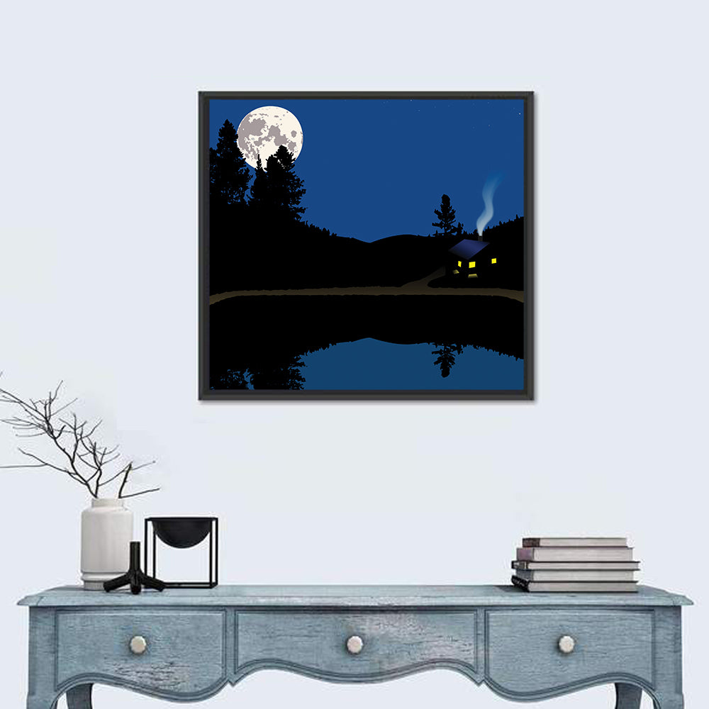 Moonlit Cabin on Mountain Lake Canvas Wall Art in a room, square