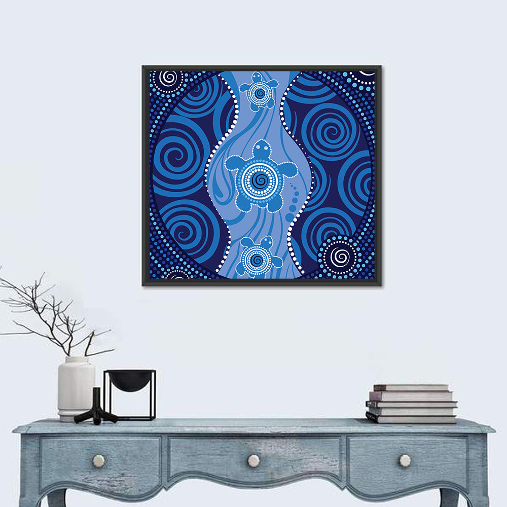 Three Sea Turtles Dot Illustration Wall Art in a room, square
