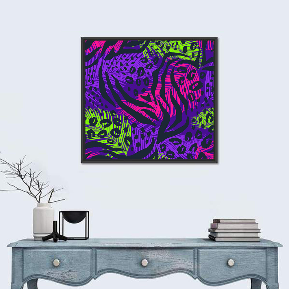 Neon Tropical Leaf Pattern Wall Art in a room, square