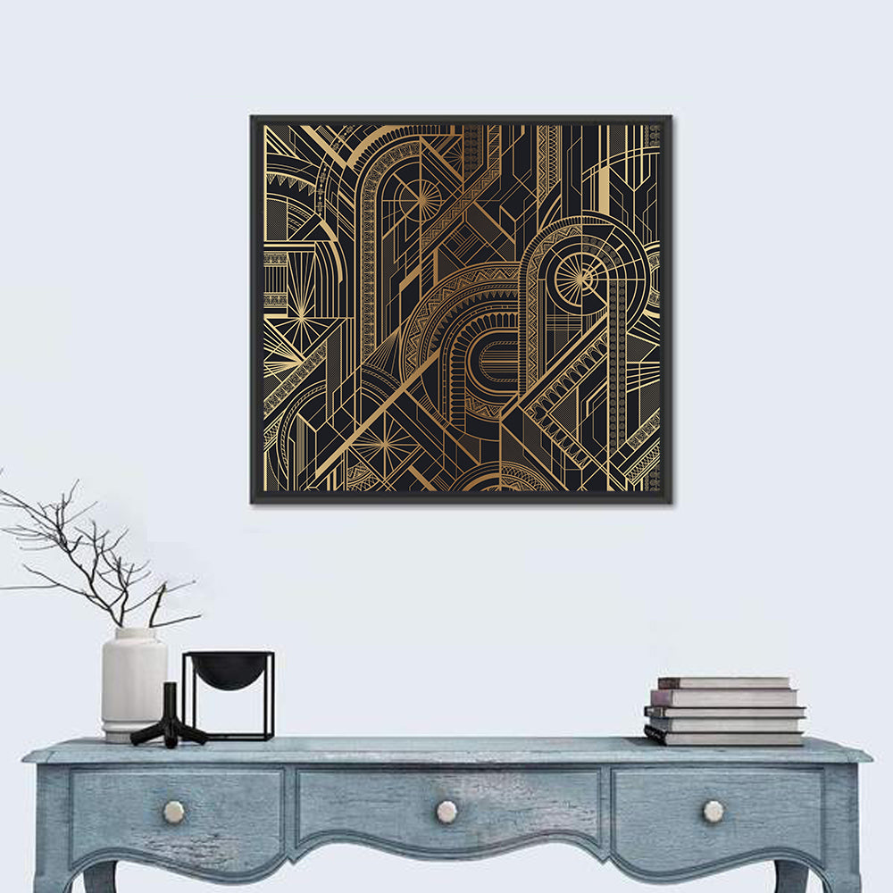 Black and Gold Circle Ornament Pattern Wall Art in a room, square