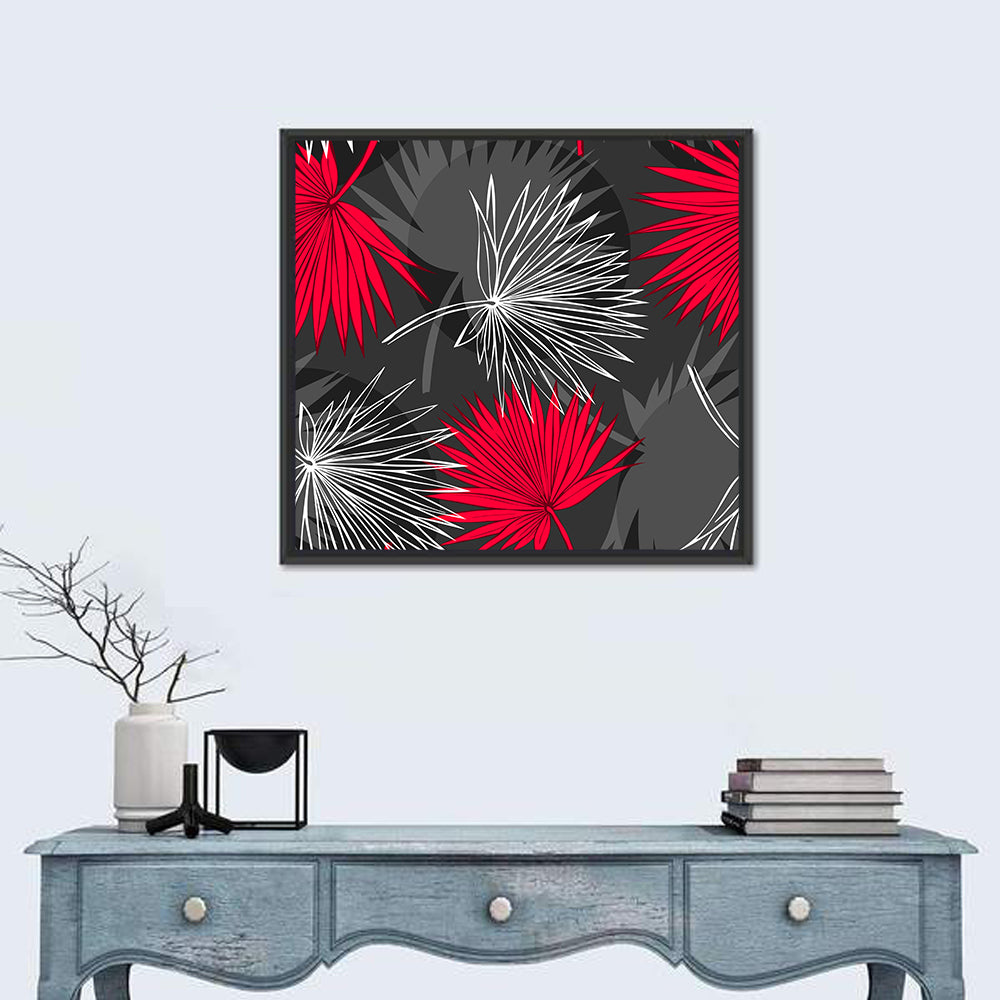 Red Palm Leaf Pattern Wall Art in a room, square