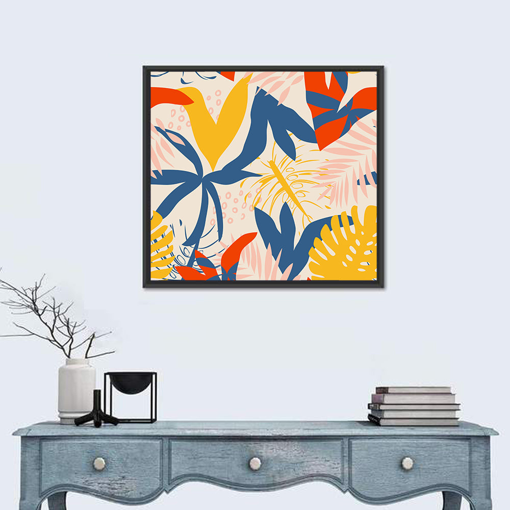 Bright Summer Tropical Pattern Wall Art in a room, square