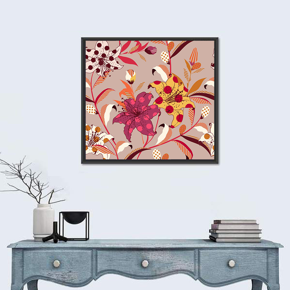 Polka Dot Lily Pattern Wall Art in a room, square