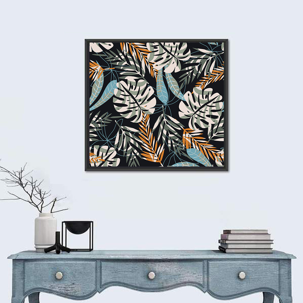 Monstera and Palm Leaves Pattern Wall Art in a room, square