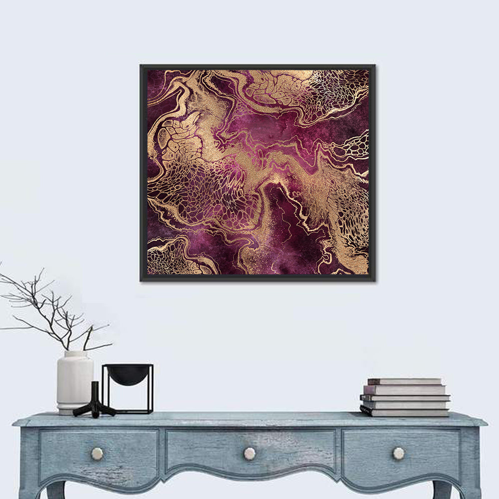 Purple and Gold Marble Abstraction Wall Art in a room, square