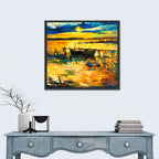 Sunset Boat at Jetty Oil Painting Wall Art