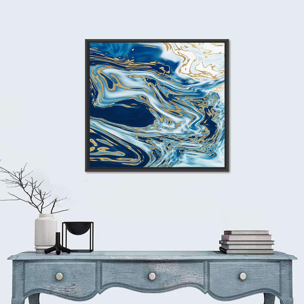 Blue Marble with Gold Veins Wall Art in a room, square