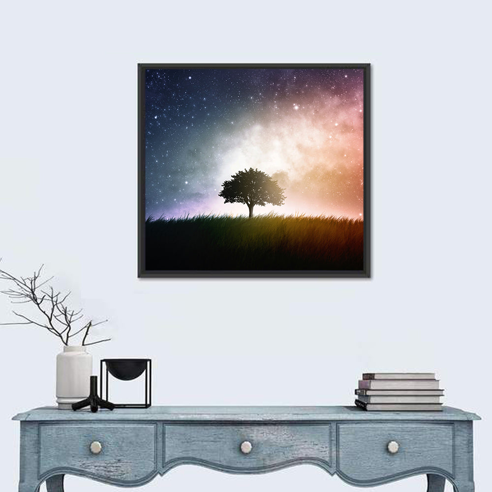 Tree Silhouette Under Nebula Sky Wall Art