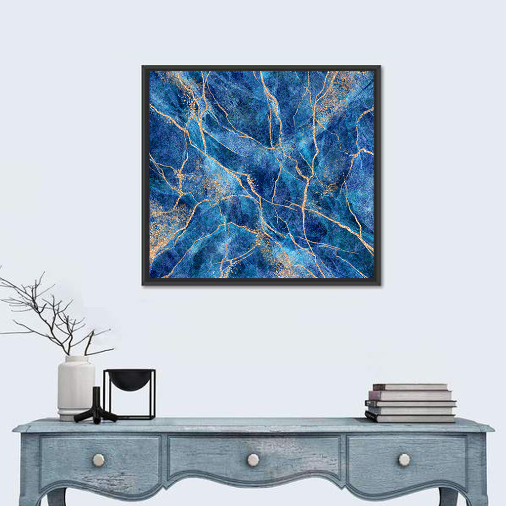 Blue Marble with Gold Veins Wall Art in a room, square