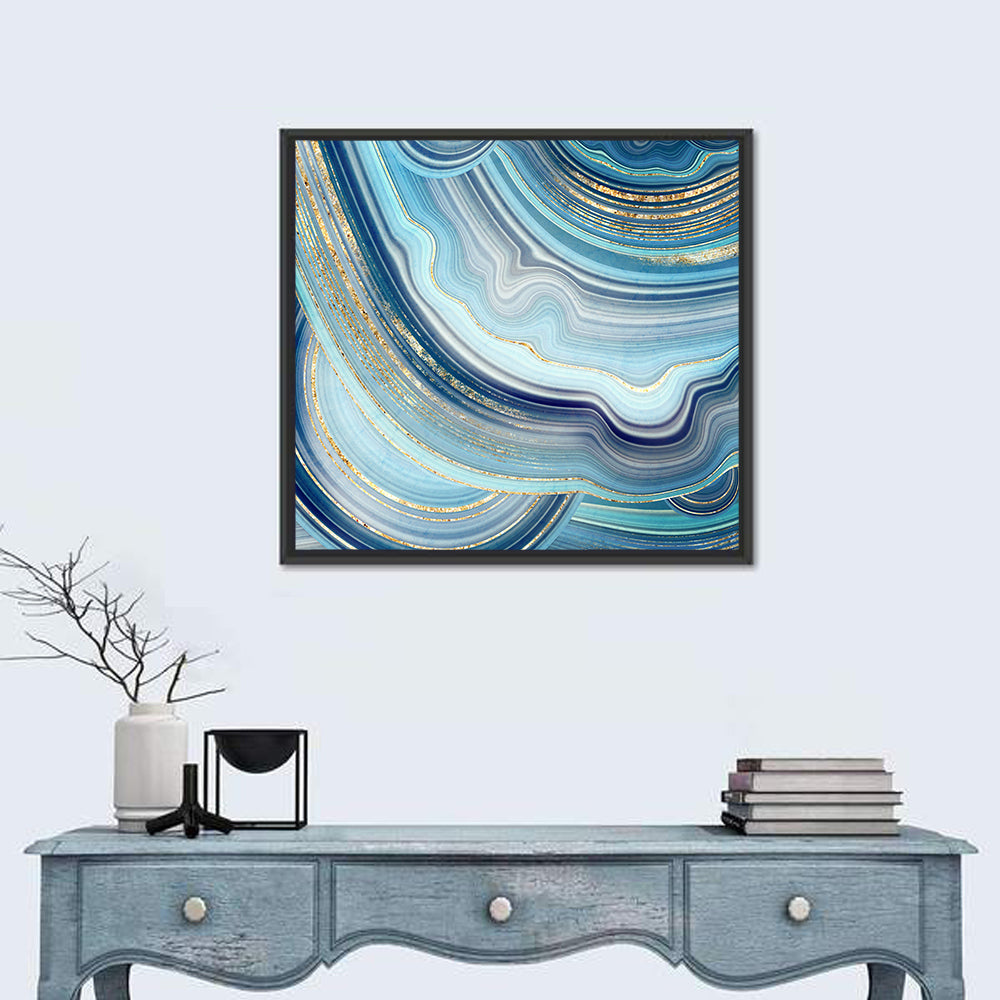 Navy and Gold Agate Slice Wall Art in a room, square