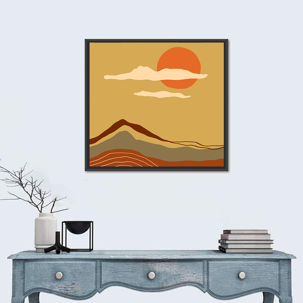 Terracotta Sunset Landscape Wall Art in a room, square