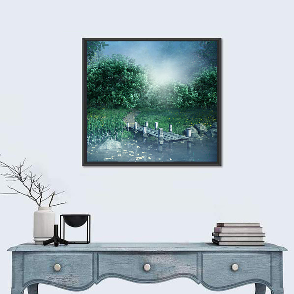 Misty Forest Lake with Wooden Bridge Wall Art