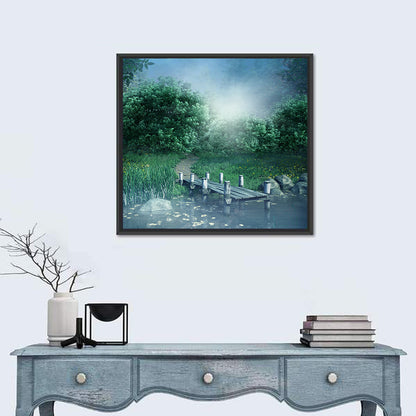 Misty Forest Lake with Wooden Bridge Wall Art