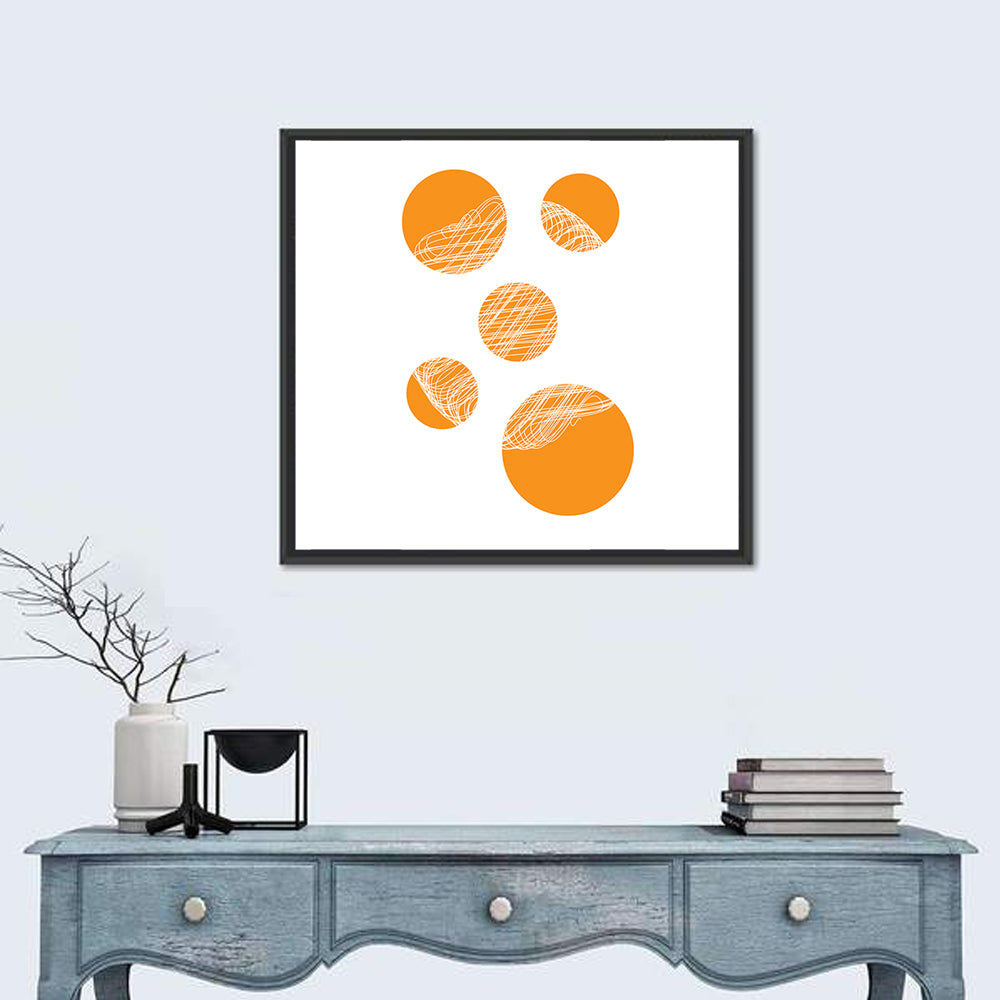 Asymmetrical Orange Circles Wall Art in a room, square