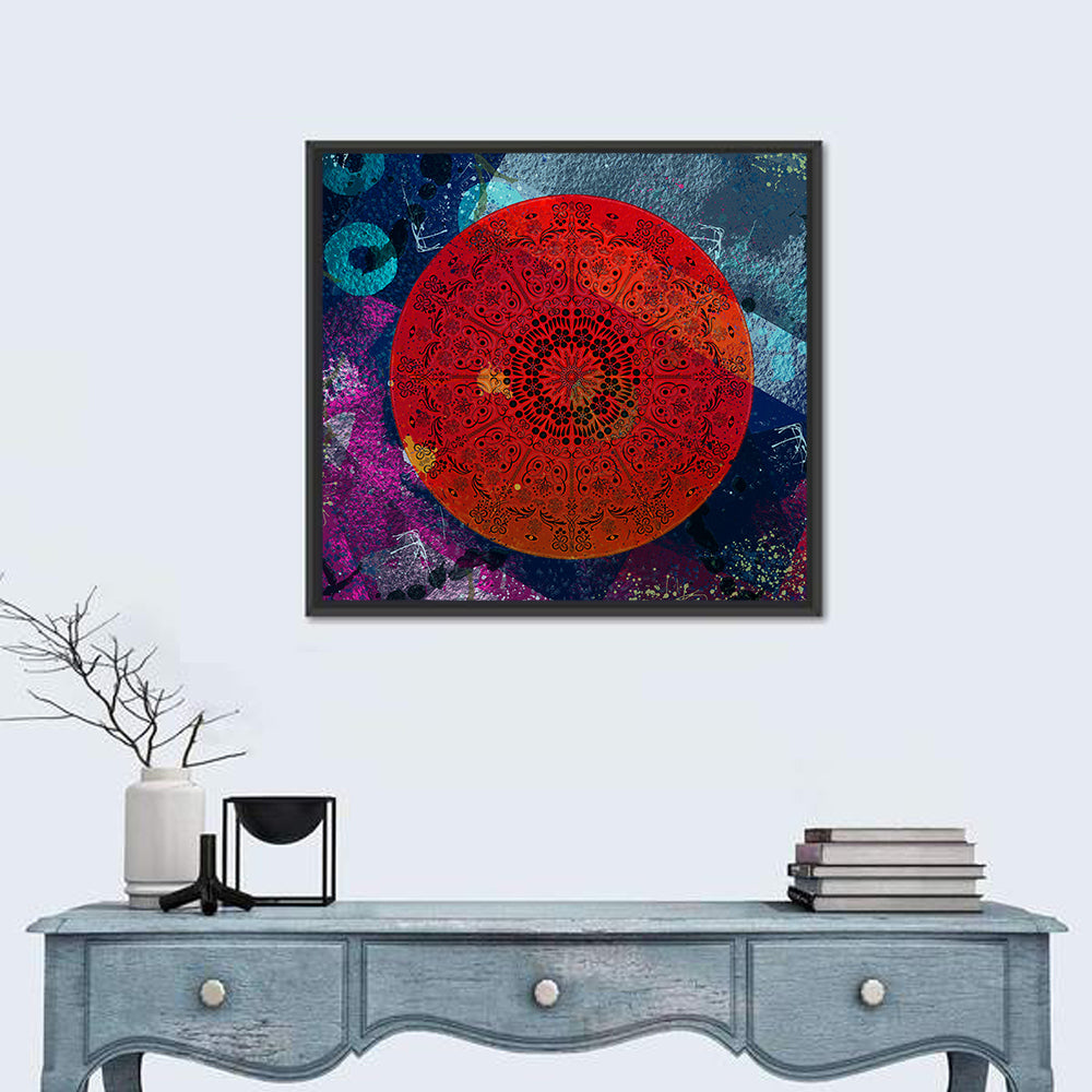 Vibrant Mandala Design Wall Art in a room, square