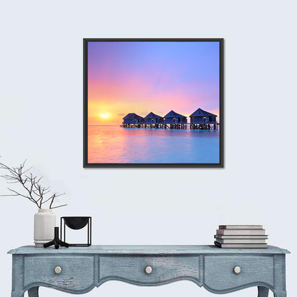 Maldives Sunset Over Water Bungalows Wall Art