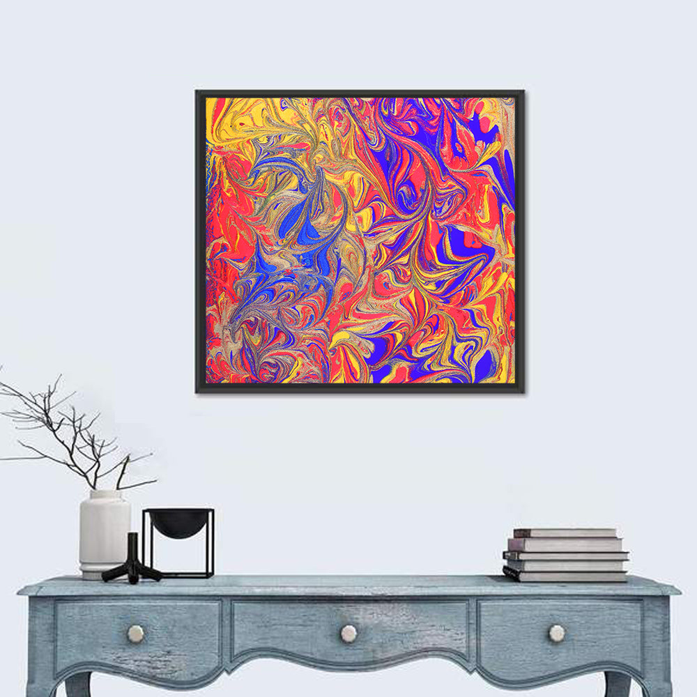 Vibrant Marbled Swirl Abstract Wall Art in a room, square