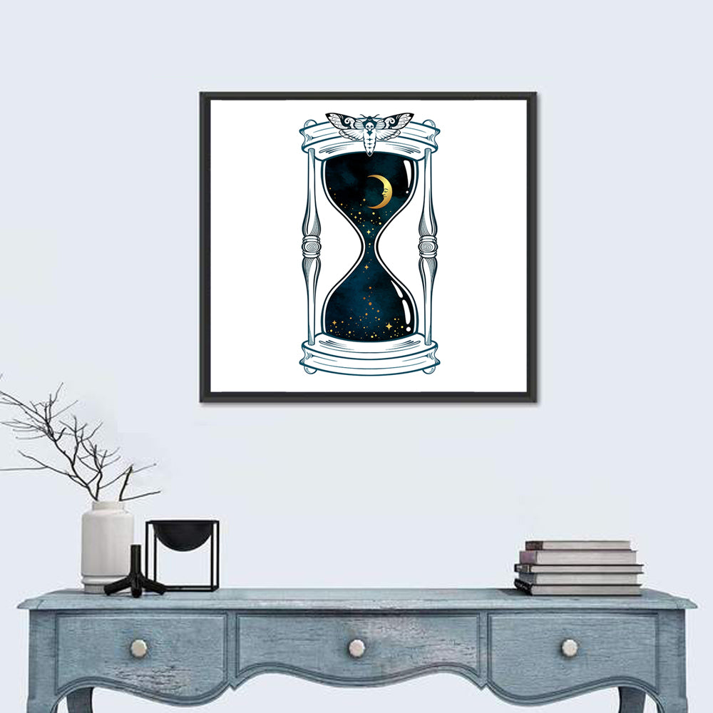 Hand Drawn Hourglass with Moth Wall Art in a room, square