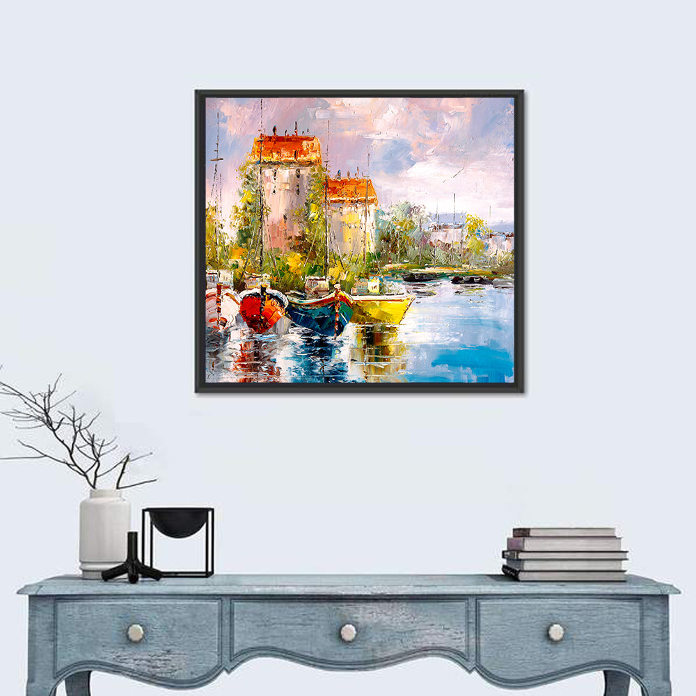 Impressionist Harbor with Colorful Boats Wall Art