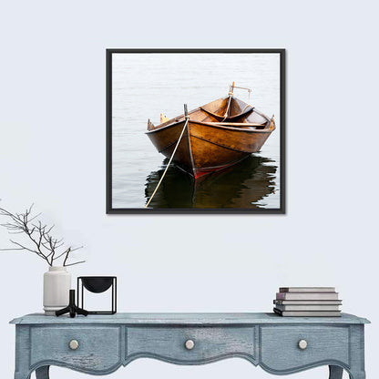 Tethered Wooden Rowboat on Calm Water Wall Art
