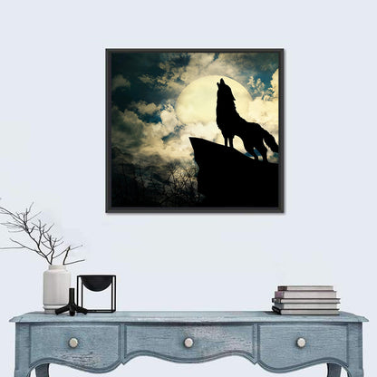 Howling Wolf Silhouette Against Full Moon Wall Art