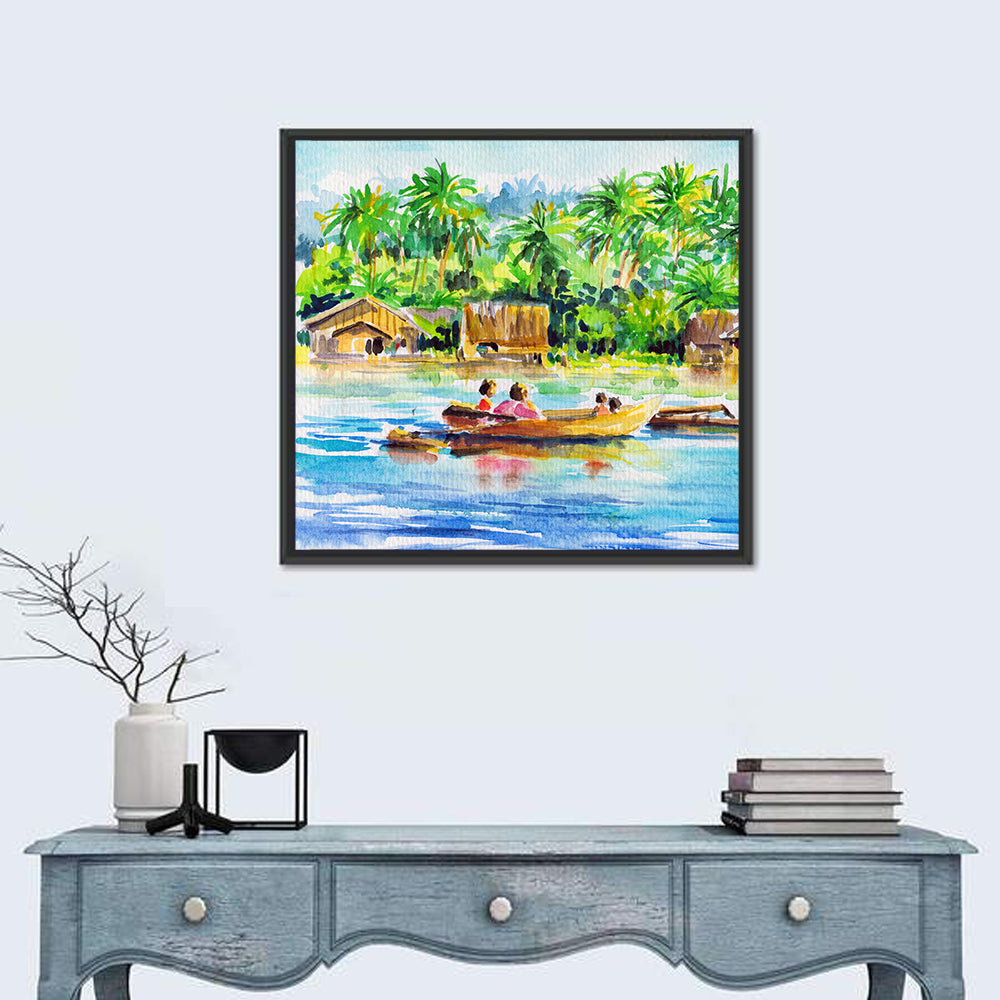 Boat in Tropical Village Wall Art