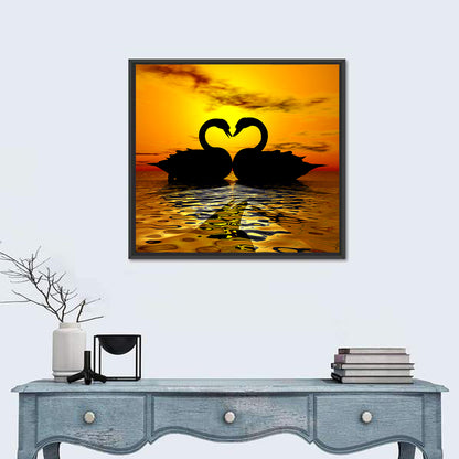Swans Forming Heart at Sunset Wall Art