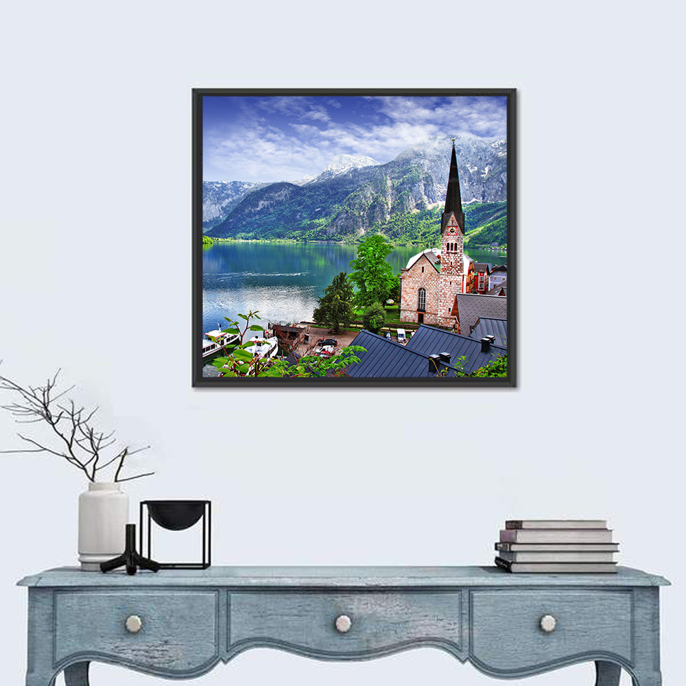 Hallstatt Lake View with Church Tower Wall Art