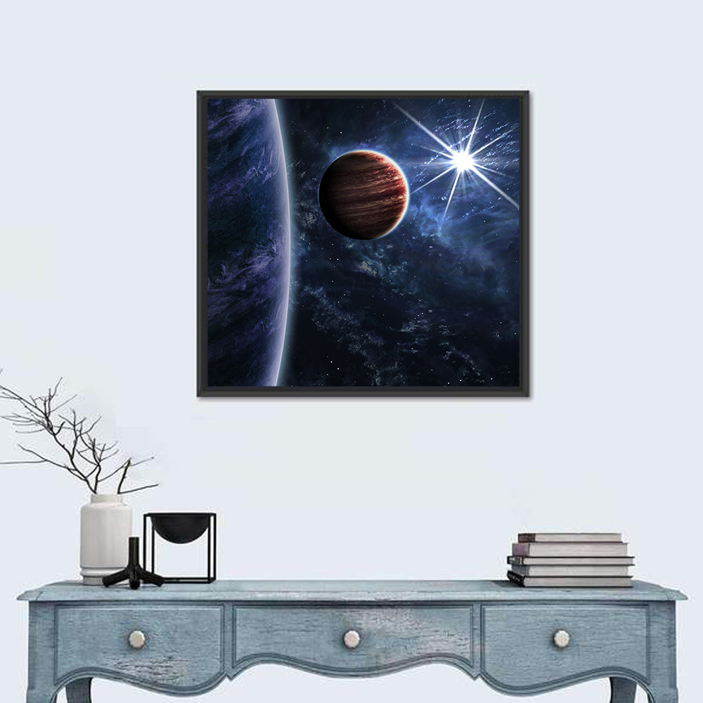 Blue Planet Closeup with Starburst Wall Art in a room, square