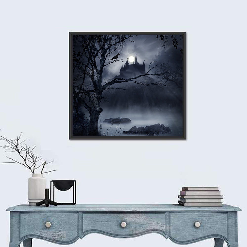 Moonlit Castle Over a Swamp Wall Art in a room, square