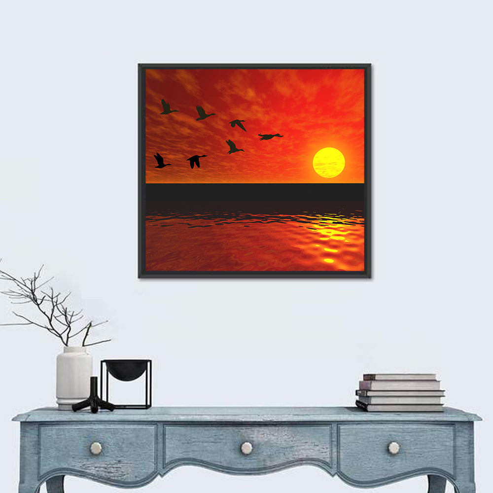 Ducks at Sunset Silhouette Wall Art