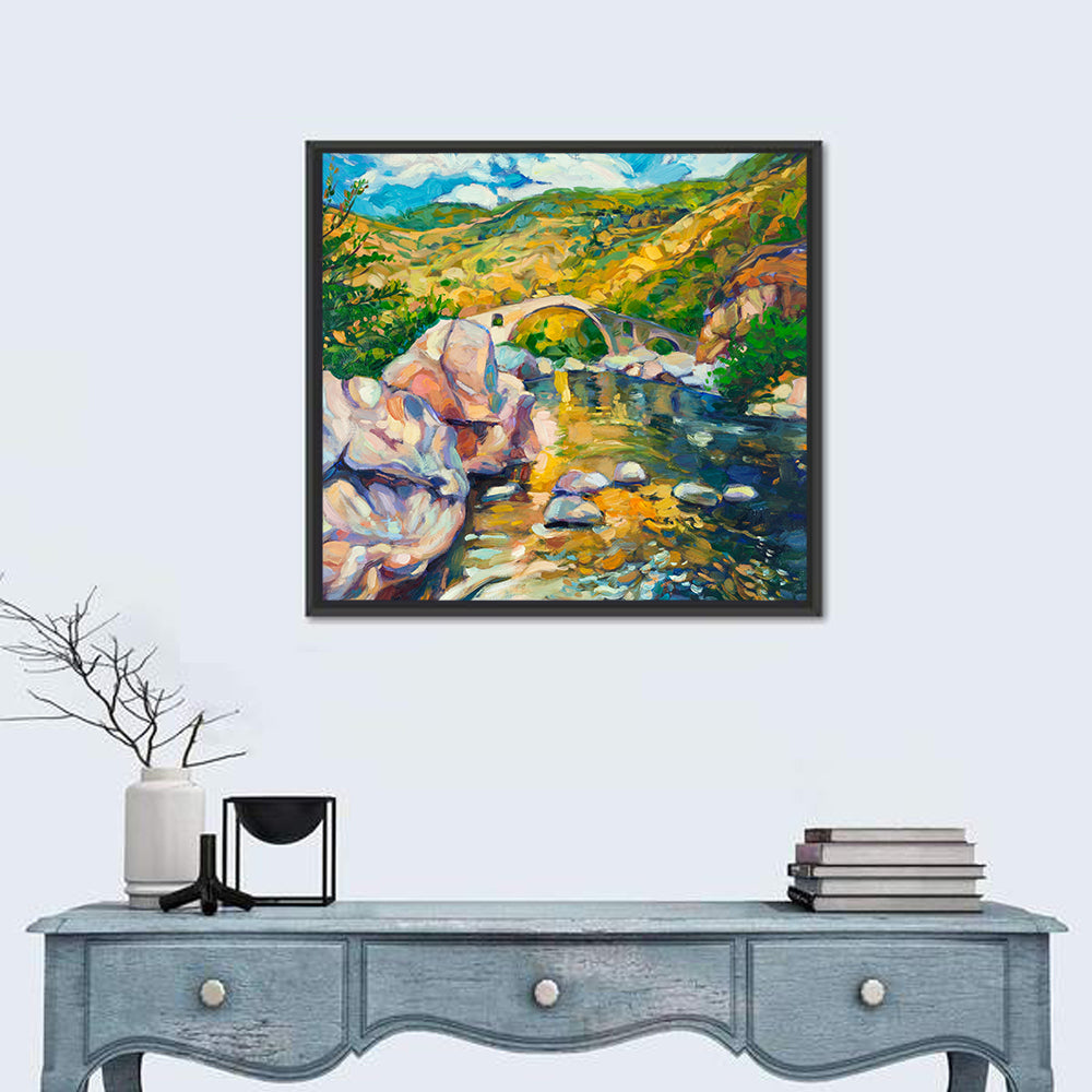 Arched Stone Bridge in Mountain River Wall Art