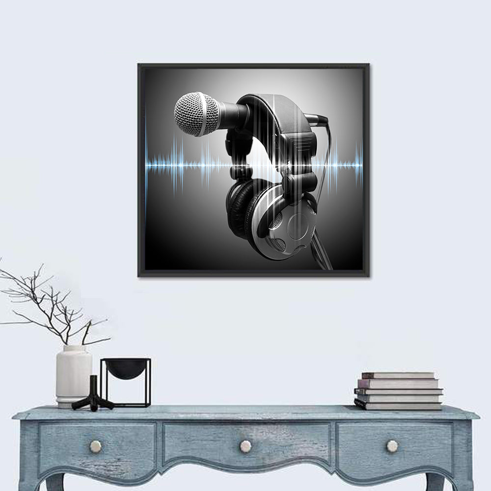 Headphones on Microphone with Sound Waves Wall Art