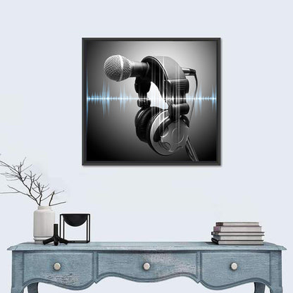 Headphones on Microphone with Sound Waves Wall Art