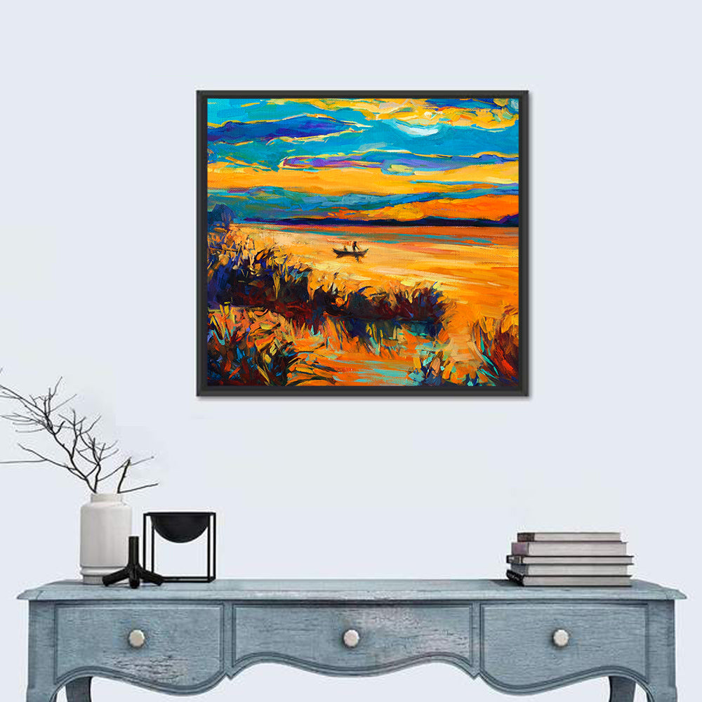 Sunset Boat on Lake Wall Art