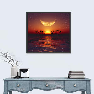 Yellow Moon Over Red Sunset At Tropical Sea Wall Art