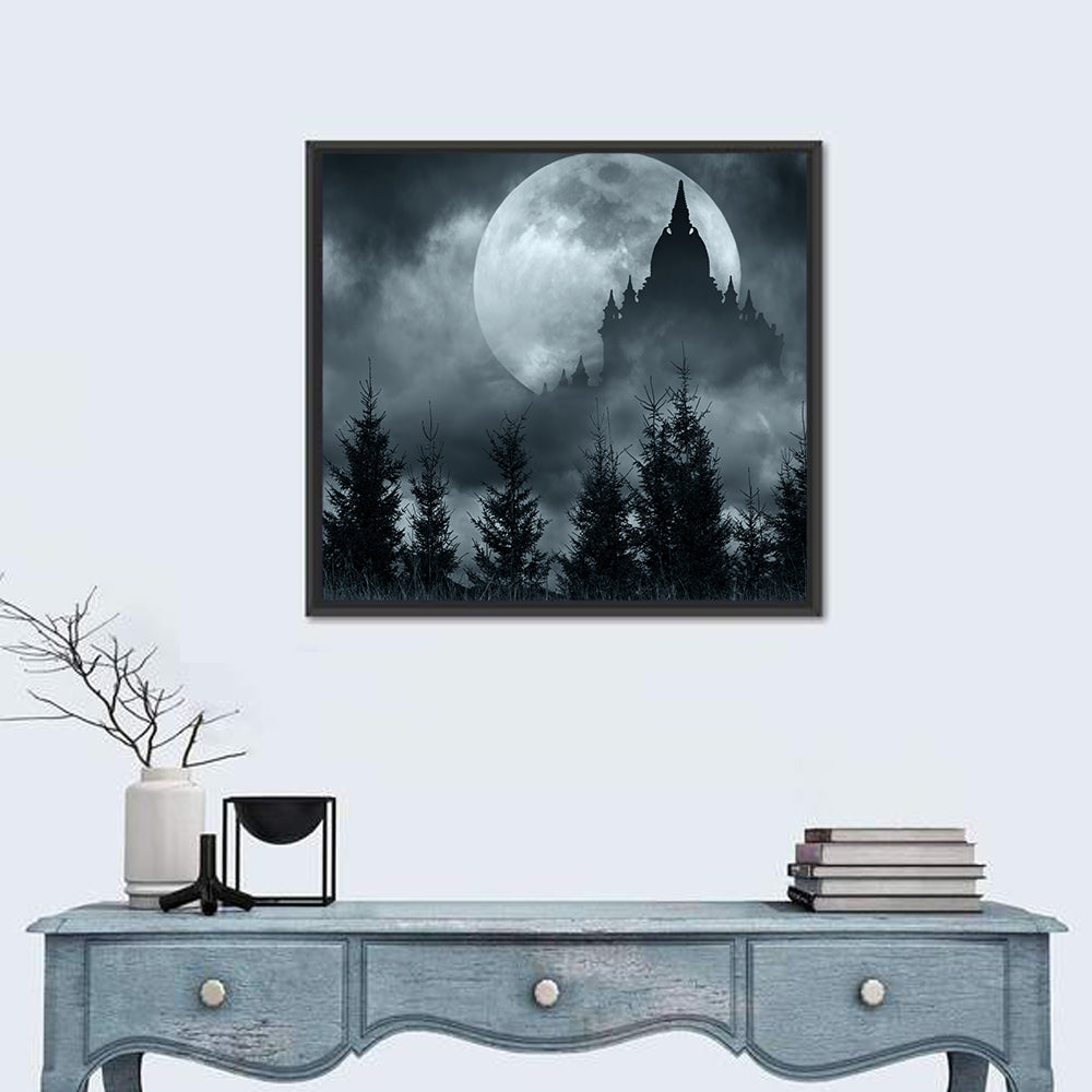 Moonlit Magic Castle Silhouette Wall Art in a room, square