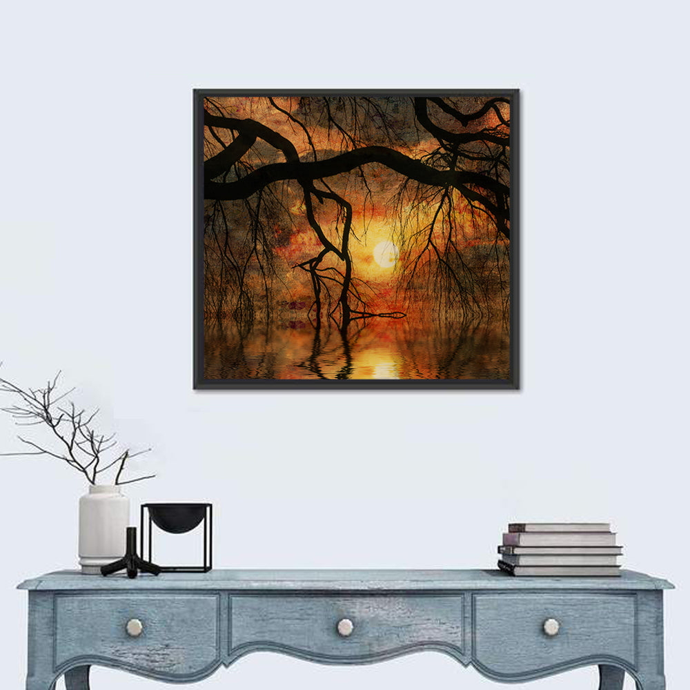 Lake Tree Silhouette at Golden Sunset Wall Art in a room, square