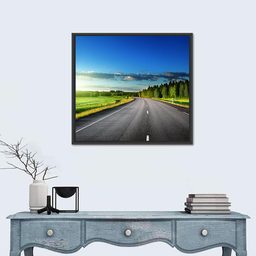Curved Asphalt Road Through Forest Wall Art