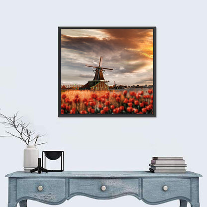 Dutch Windmill with Red Tulips Wall Art
