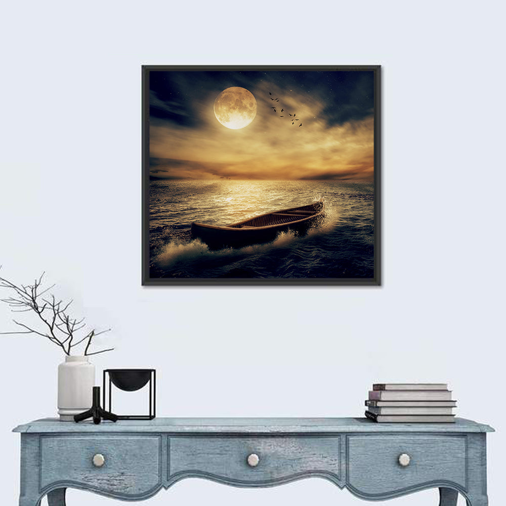 Moonlit Boat in Stormy Ocean Wall Art