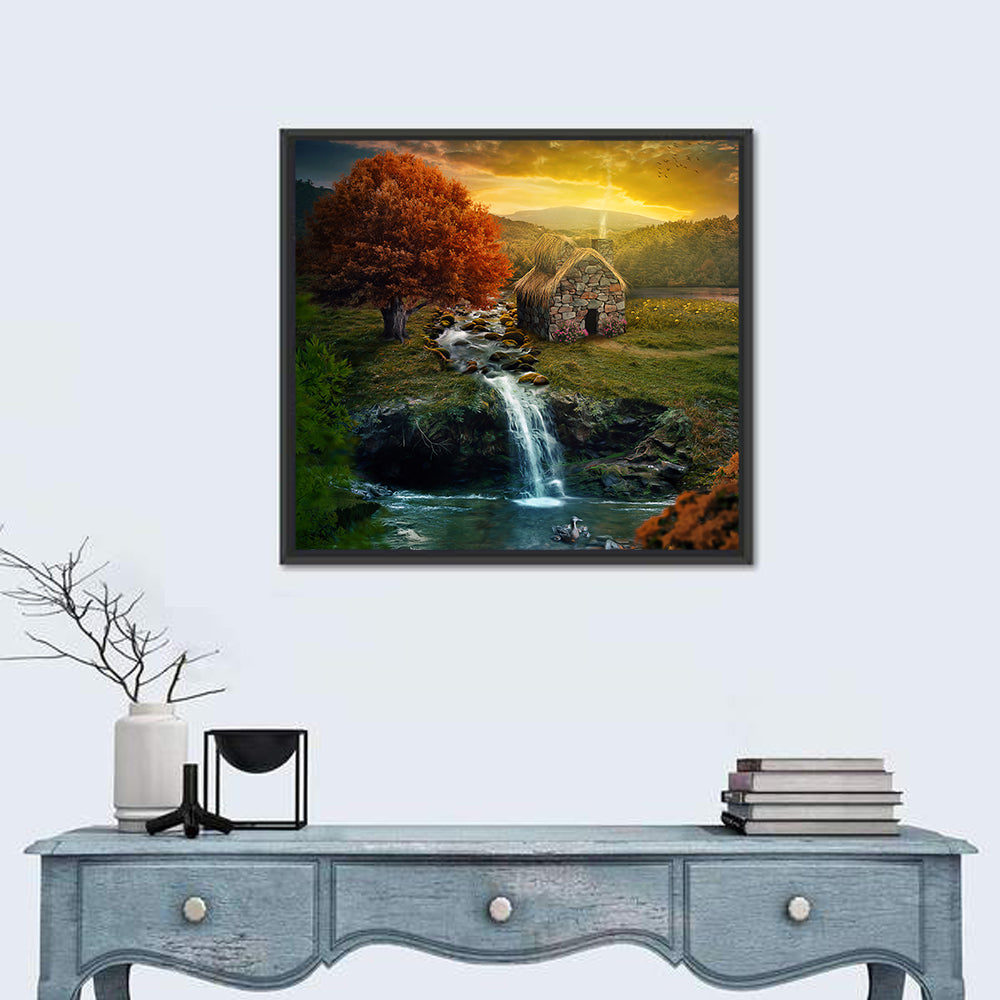 Thatched Cottage by Mountain Stream Wall Art
